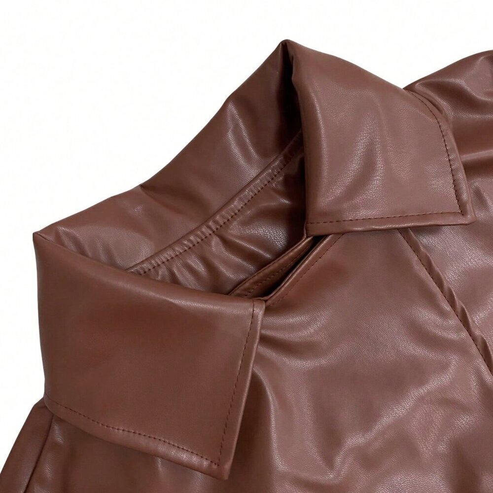 Khaki Elegant Women's Faux Leather Button Warm Long Sleeve Coat - Picture 7 of 7